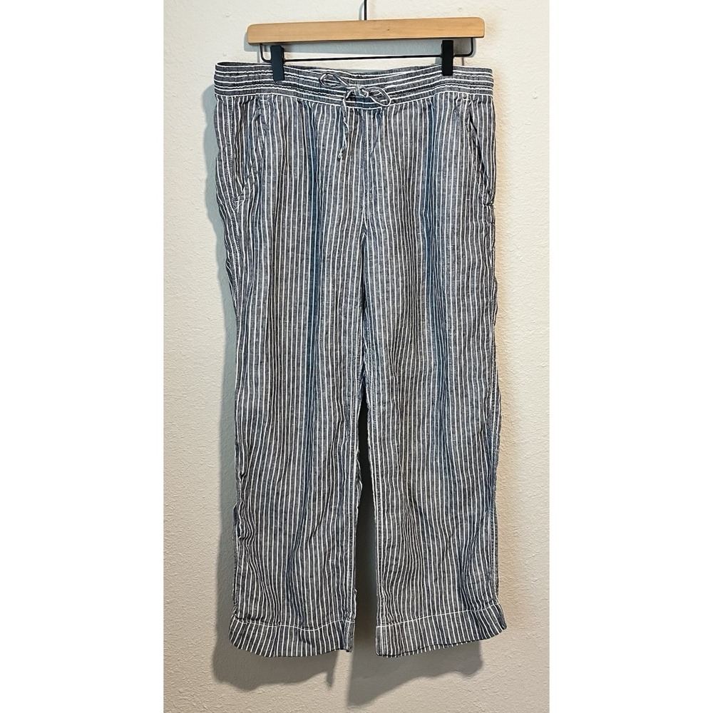 LL Bean Women's Pull-On Pants Size 12 Petite 100% Linen Blue Stripe Wide Leg